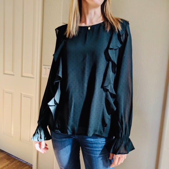 ANTHROPOLOGIE Sanctuary Exaggerated Ruffle Forest Green Swiss Dot Top - Picture 2 of 6